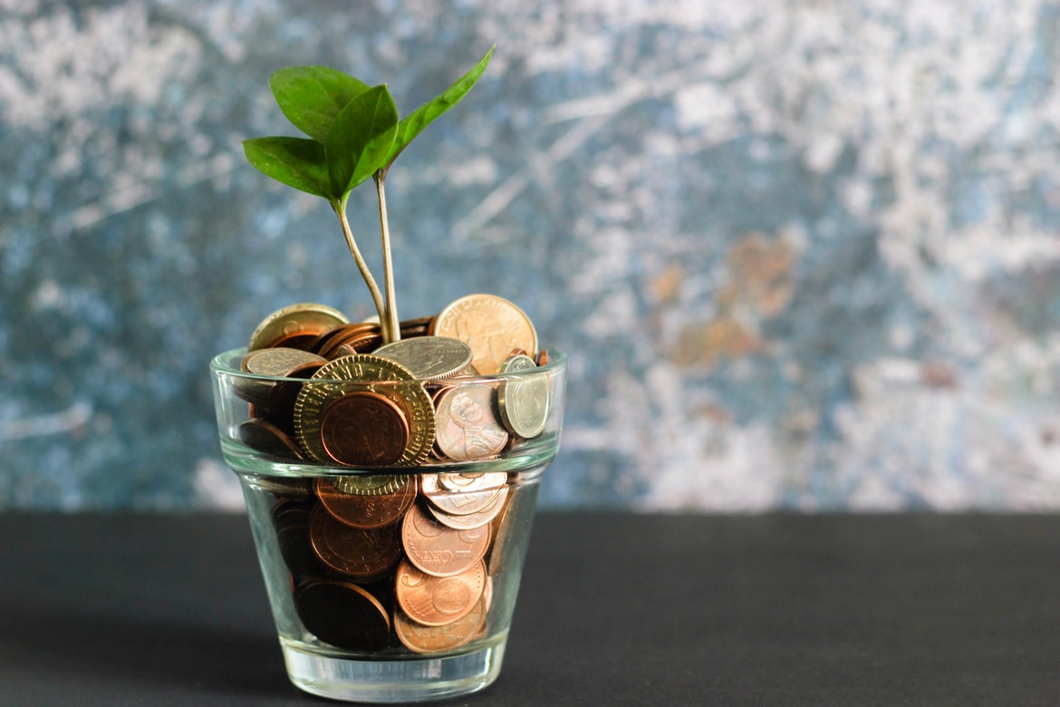 glass jar of coins with plant