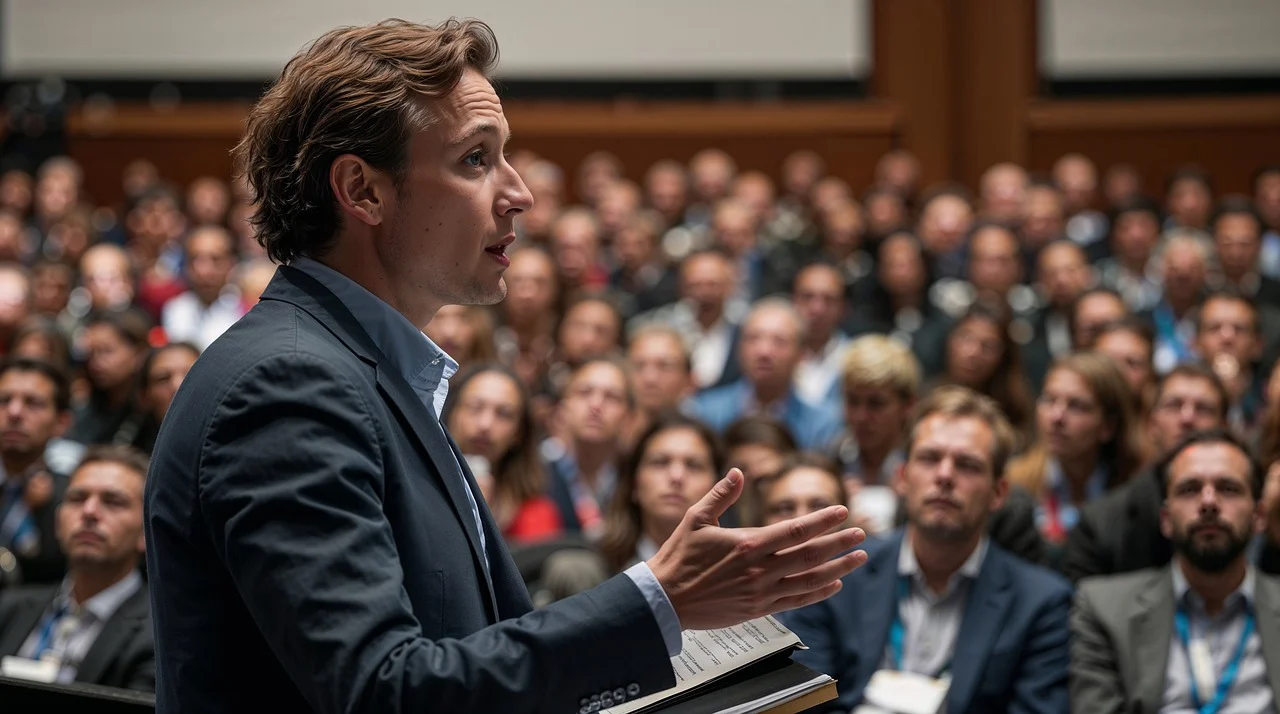 speaker addressing large audience at conference