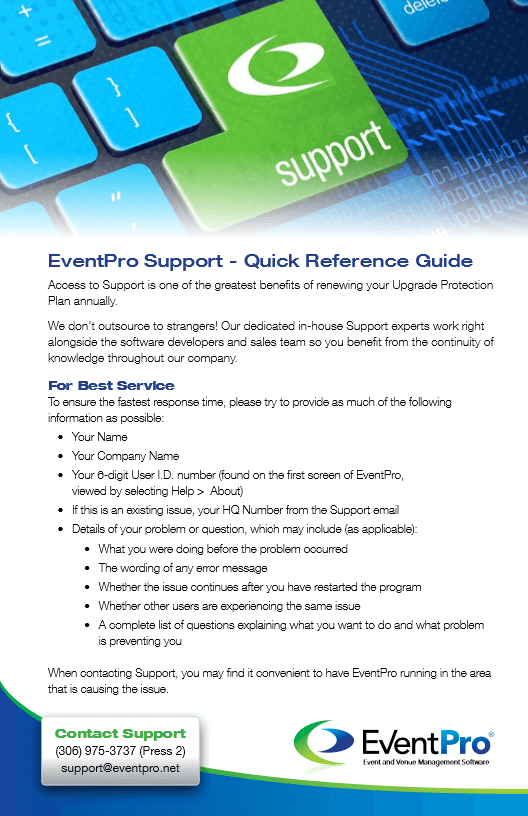EventPro Support Quick Reference Brochure