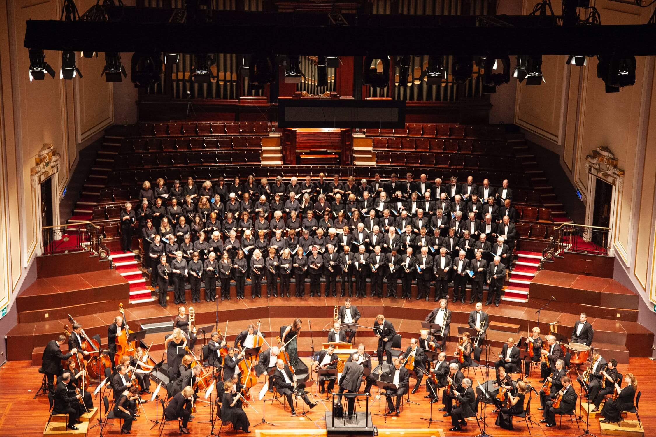 orchestra members in concert hall