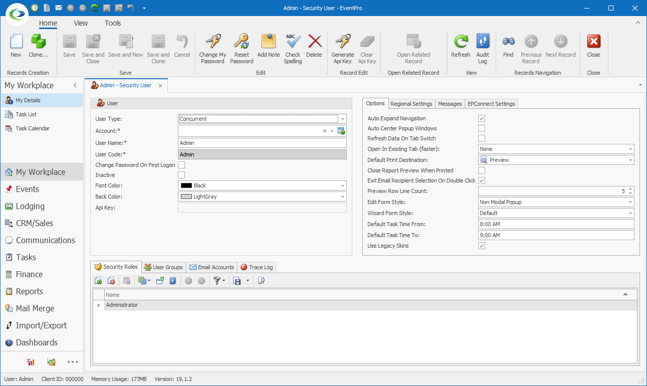 Administrator Security User details in EventPro Software