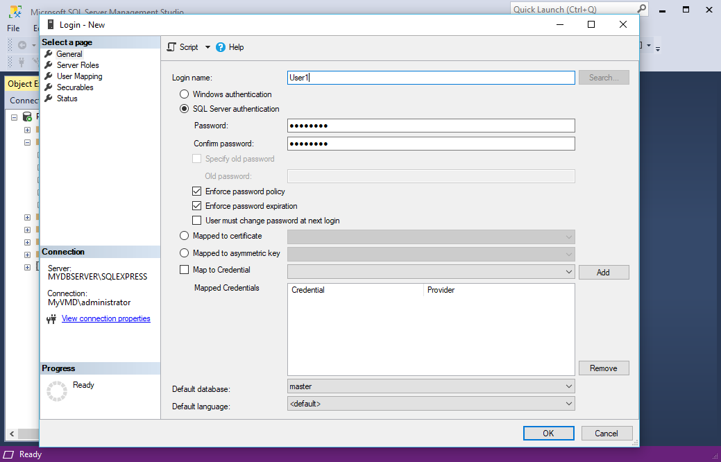 Create User Password in SQL Server Management Studio for EventPro SQL Authentication