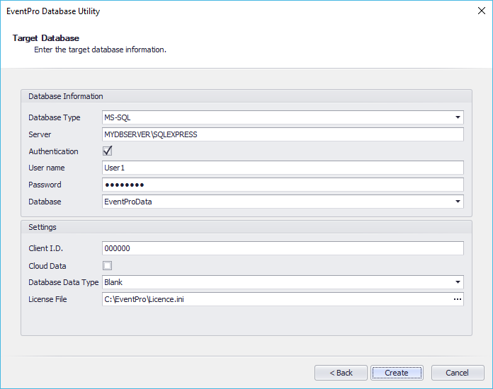 Enter Target Database in EventPro Database Utility Wizard