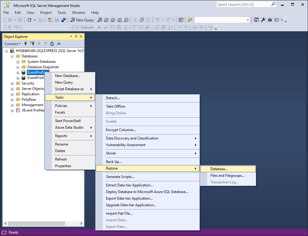 Screenshot of restoring EventPro database in SQL Server Management Studio