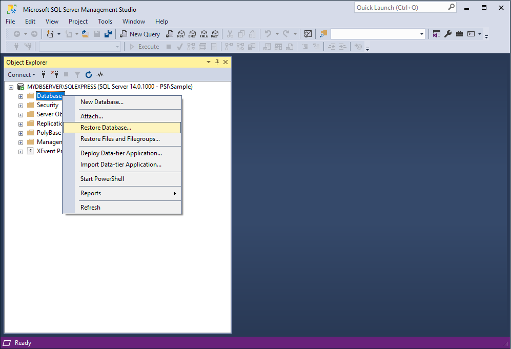 Restoring a database in SQL Server Management Studio