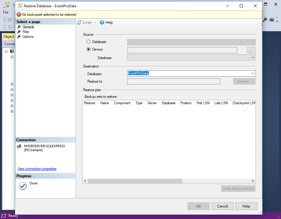 Destination of database restore in SQL Server Management Studio for EventPro SQL Authentication