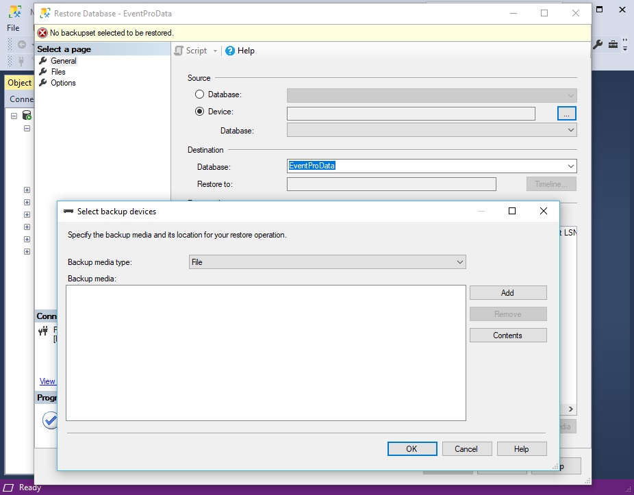 Screenshot of selecting backup device for EventPro database restore in SQL Server Management Studio