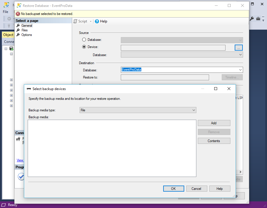 Select backup device for database restore in SQL Server Management Studio for EventPro SQL Authentication