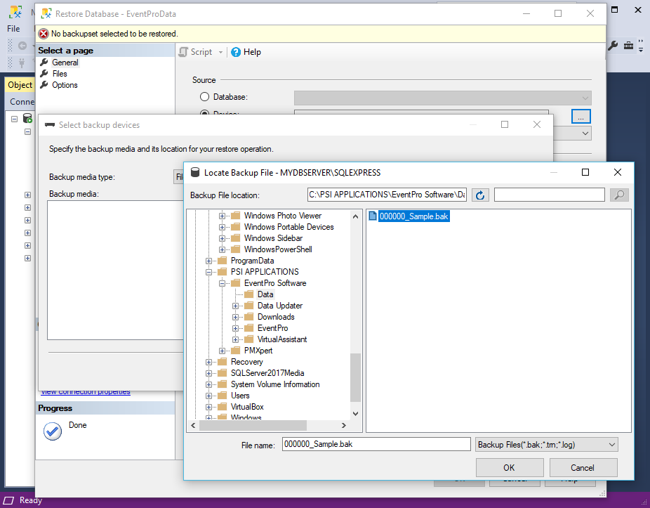 Screenshot of locating backup file for EventPro database restore in SQL Server Management Studio