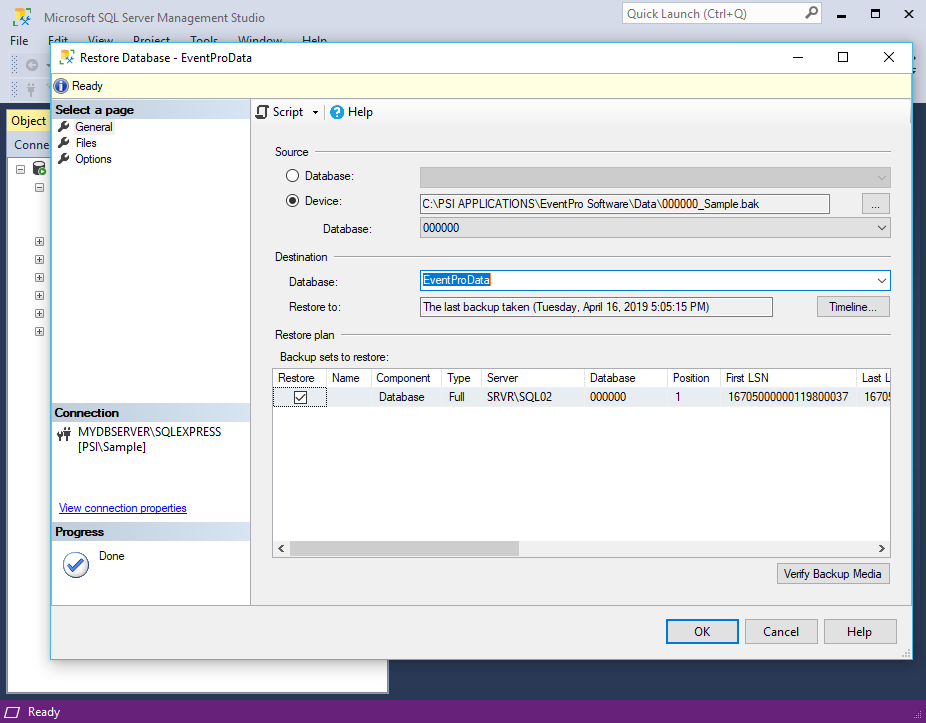 Destination database for database restore in SQL Server Management Studio