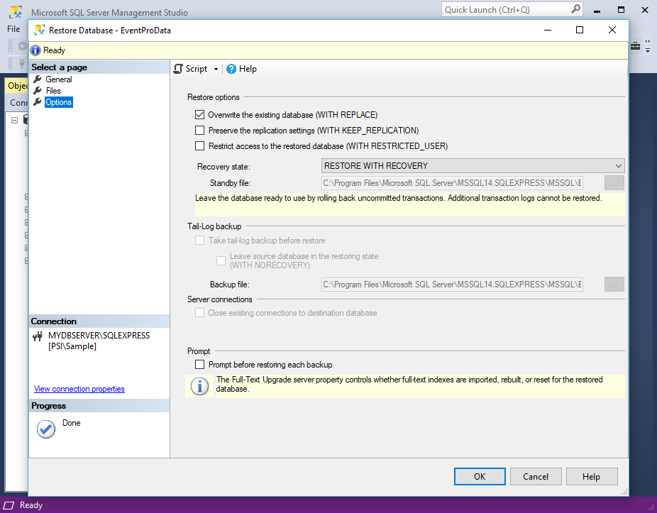Screenshot of EventPro database restore Overwrite in SQL Server Management Studio