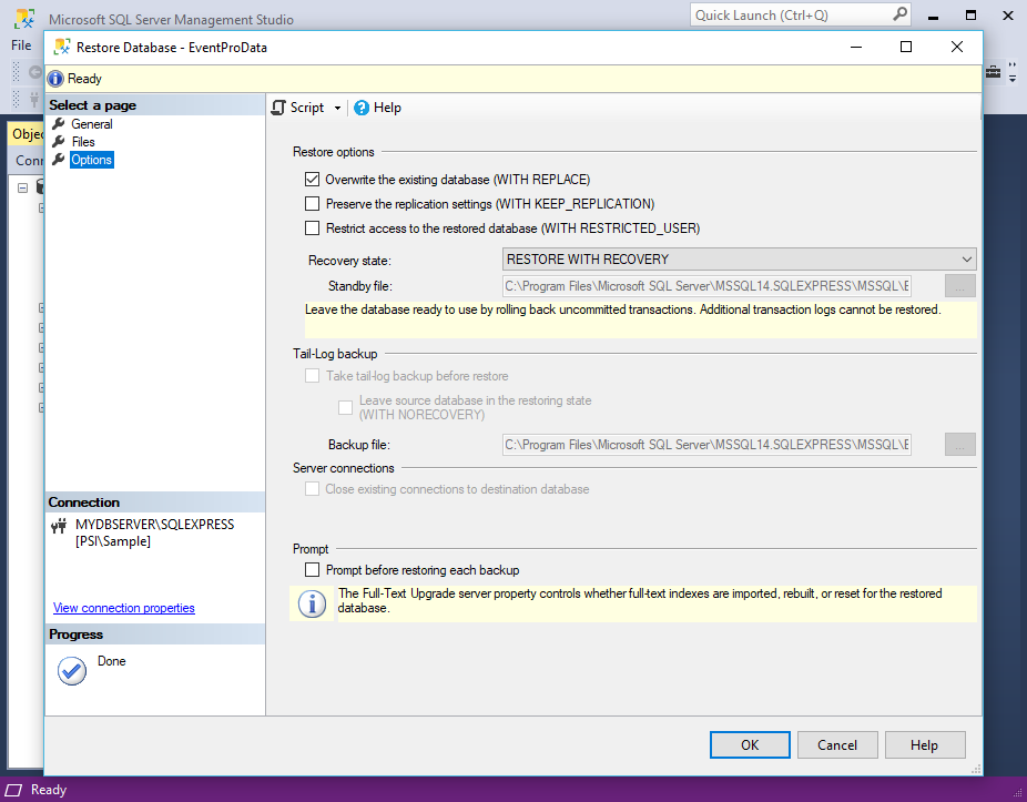 Screenshot of EventPro database restore overwrite in SQL Server Management Studio