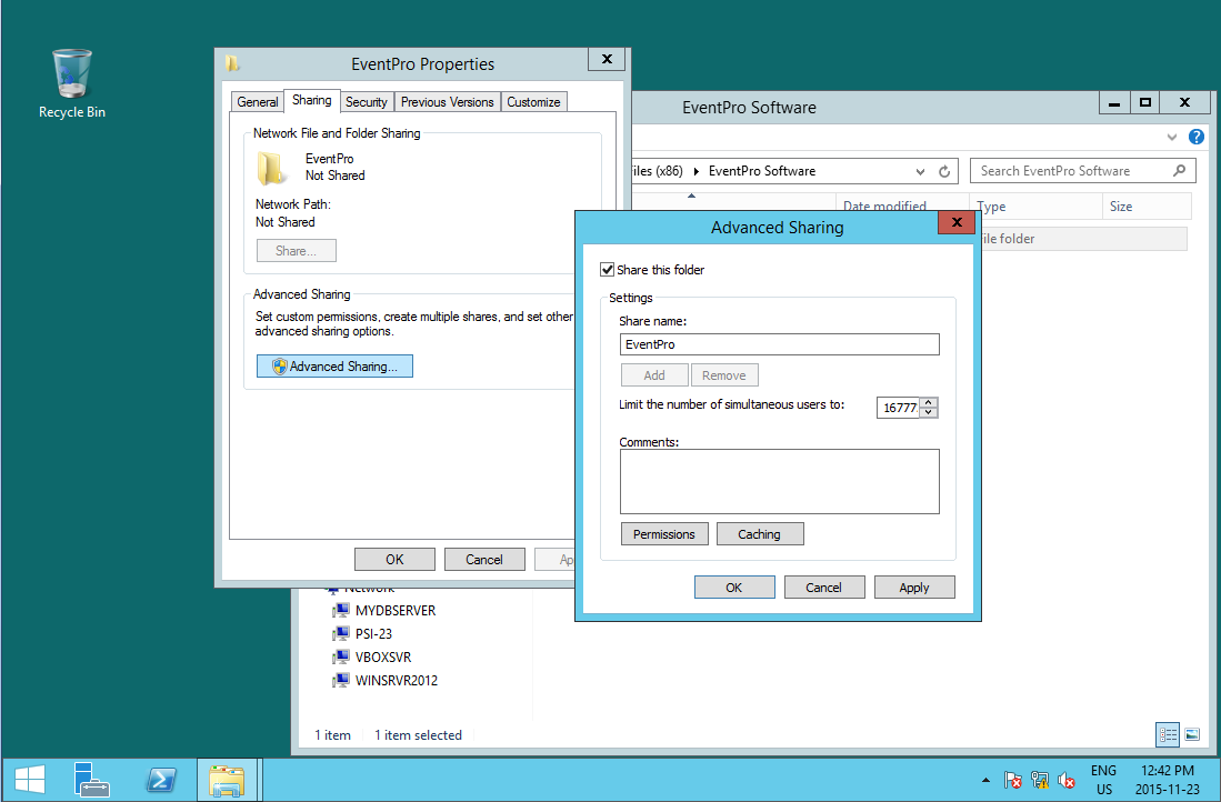 Screenshot of EventPro Installation Folder Advanced Sharing
