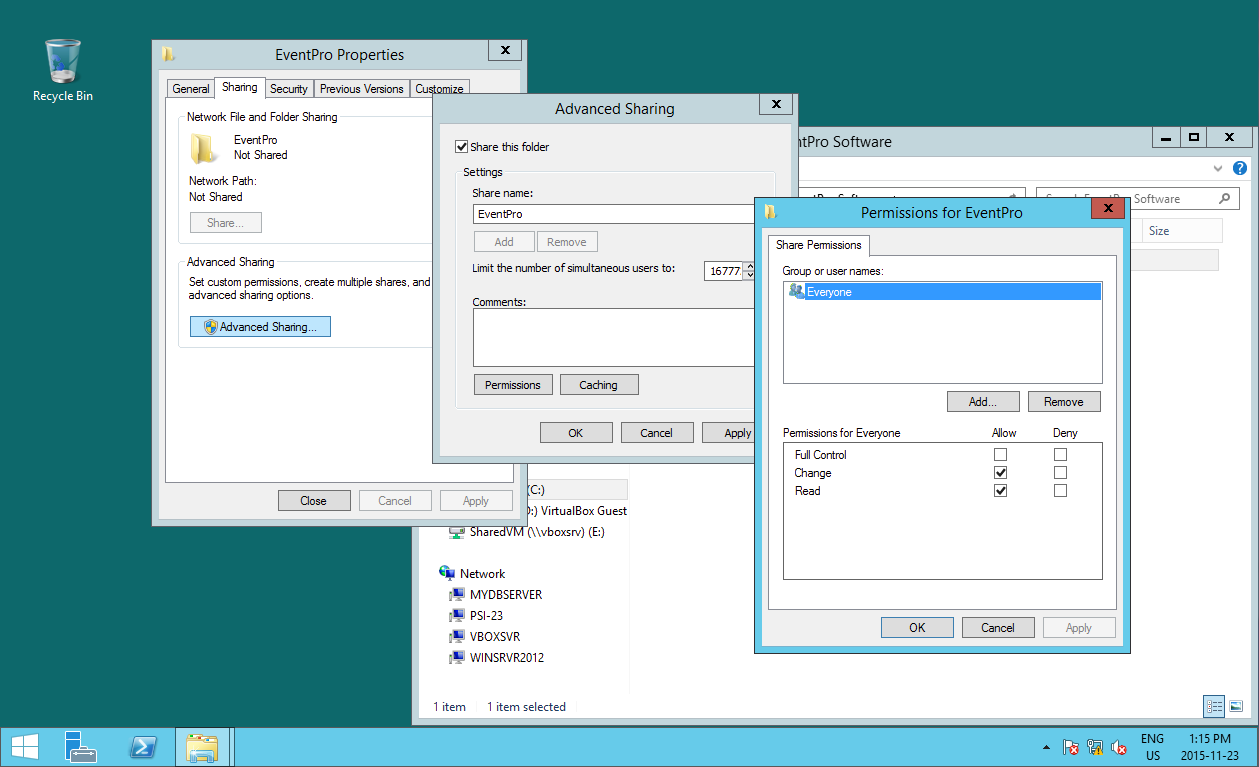 Screenshot of EventPro Installation Folder Sharing Permissions
