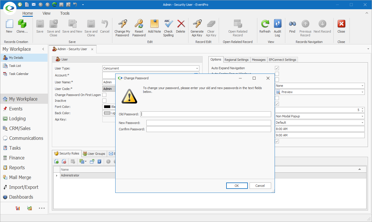 Screenshot of changing your password in EventPro Cloud Software