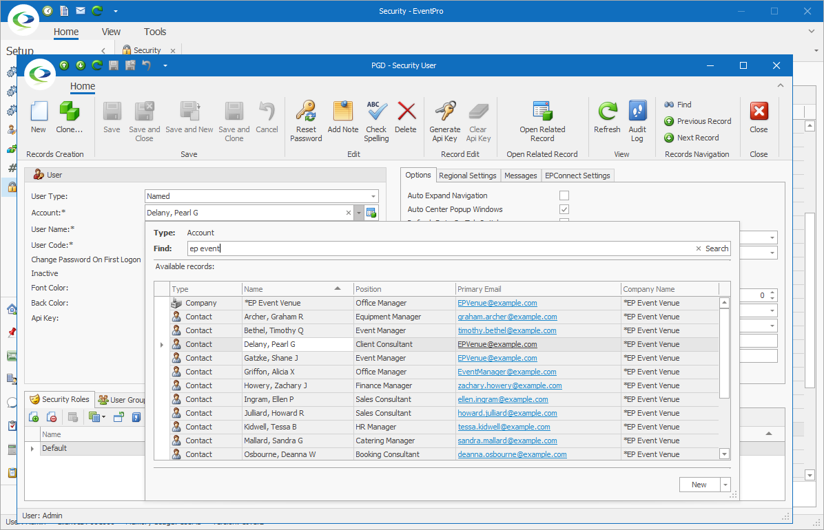Screenshot of linking CRM Account to EventPro Security User