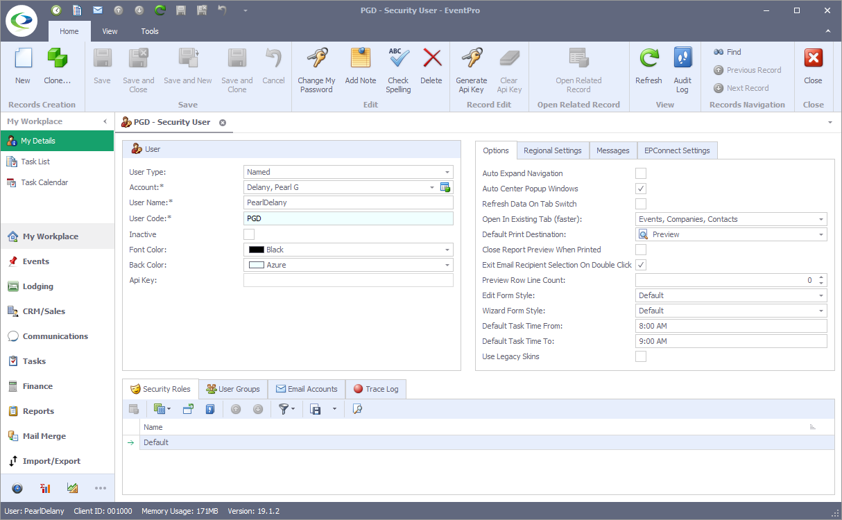 Screenshot of EventPro User My Details in EventPro Software