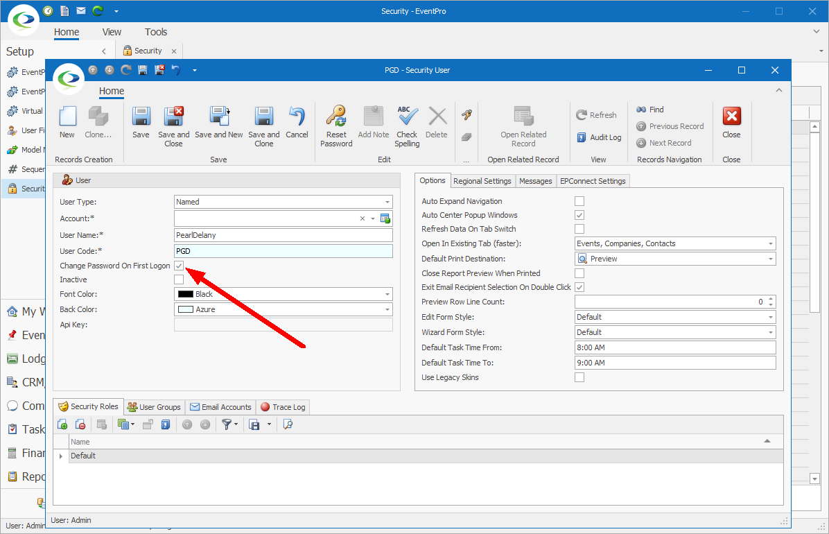 Change Password on First Logon setting for EventPro Security Users