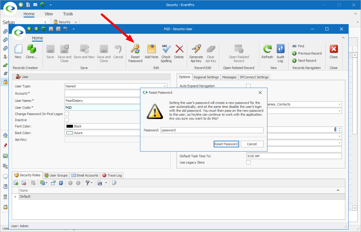 Screenshot of EventPro Security User reset password