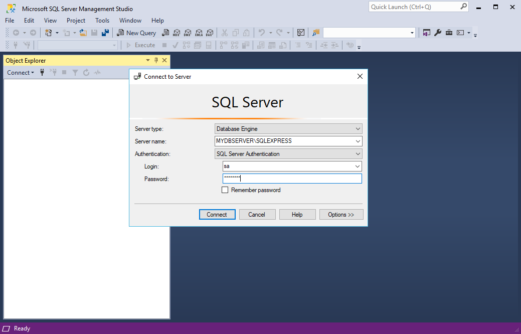 Connect to Server in SQL Server Management Studio for EventPro SQL Authentication