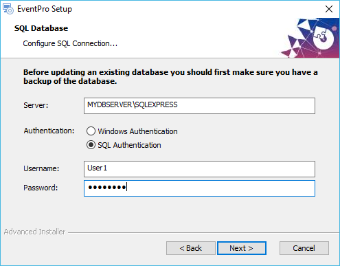 Configure SQL Connection in EventPro Software Installation Wizard