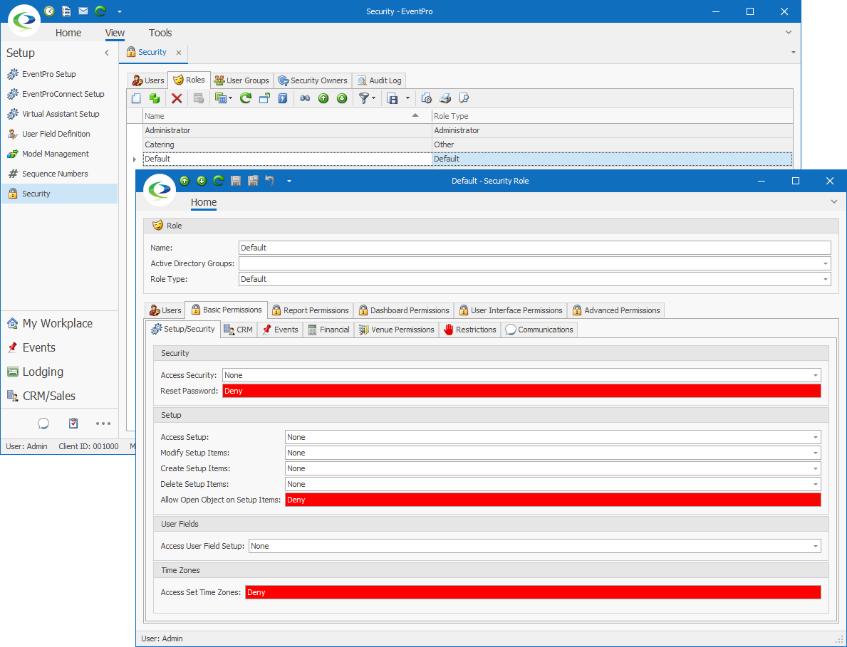 Editing permissions for the Default Security Role in EventPro Software