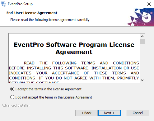 Screenshot of EventPro End User License Agreement in software installation wizard