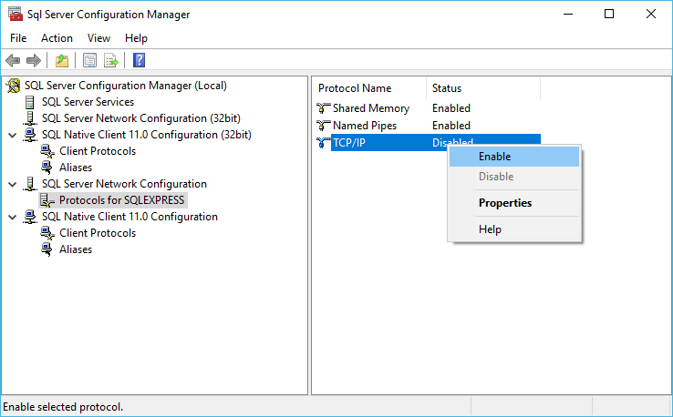 Screenshot of TCP/IP enable in SQL Server Configuration Manager for EventPro Software