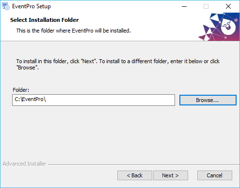 Screenshot of selecting Installation Folder in EventPro Software installation wizard