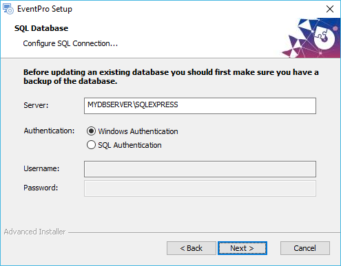 Screenshot of SQL connection configuration and SQL Database in EventPro Software installation wizard