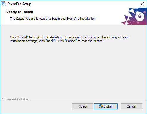 Screenshot of EventPro Software stand alone installation wizard ready to install