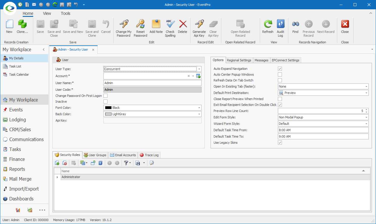 Screenshot of EventPro Admin Security User