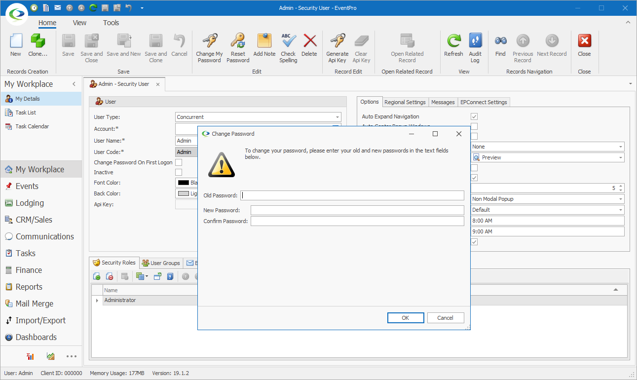 Screenshot of changing password for EventPro Admin Security User