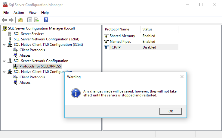 Screenshot of restart warning in SQL Server Configuration Manager for EventPro Windows Authentication