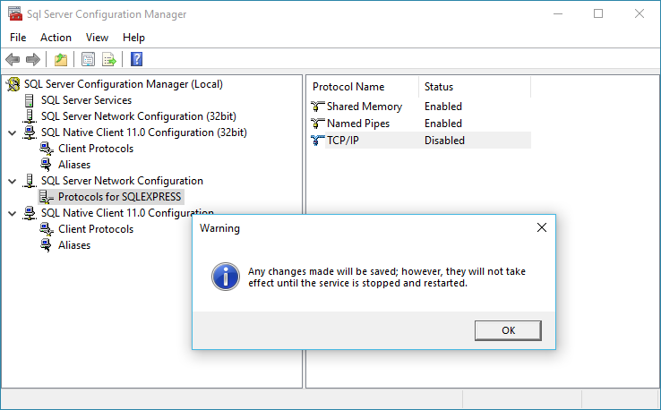 Restart warning in SQL Server Configuration Manager for EventPro SQL Authentication