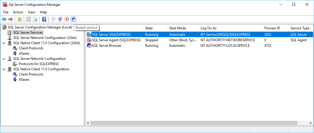 Screenshot of SQL Server Configuration Manager Restart Service for EventPro Windows Authentication