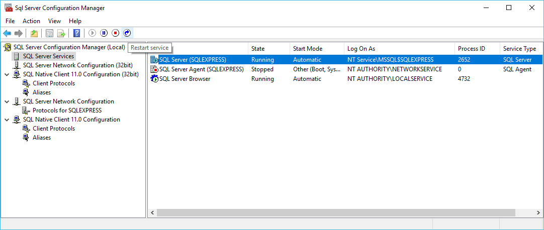 Restart service in SQL Server Configuration Manager for EventPro SQL Authentication