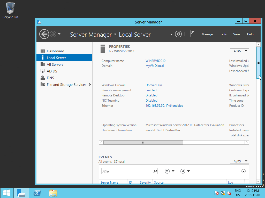 Screenshot of Local Server in Server Manager for EventPro Active Directory Integration