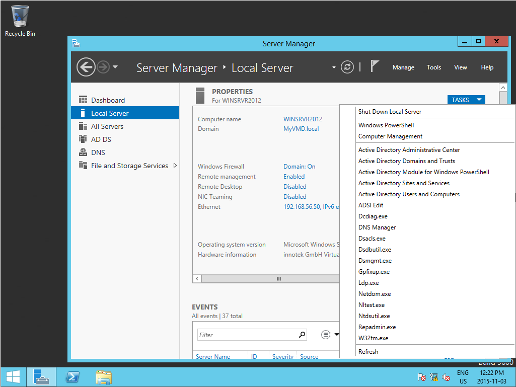 Screenshot of Tasks in Server Manager for EventPro Active Directory Integration