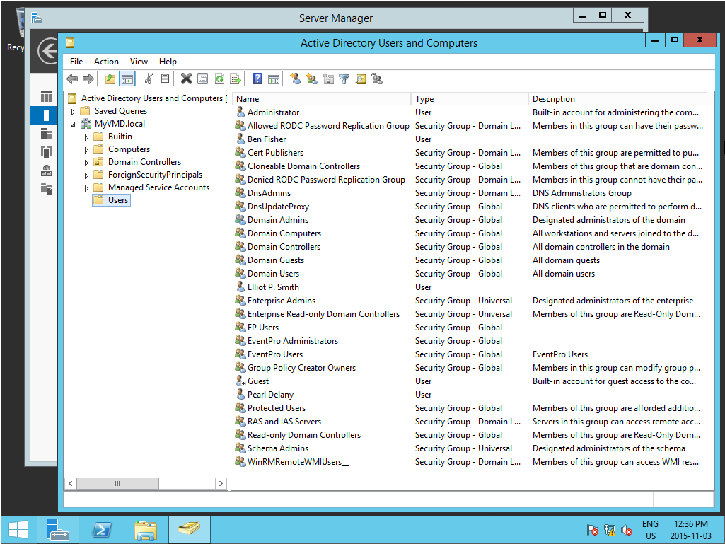 Screenshot of Active Directory Users Folder in Server Manager for EventPro Windows Authentication