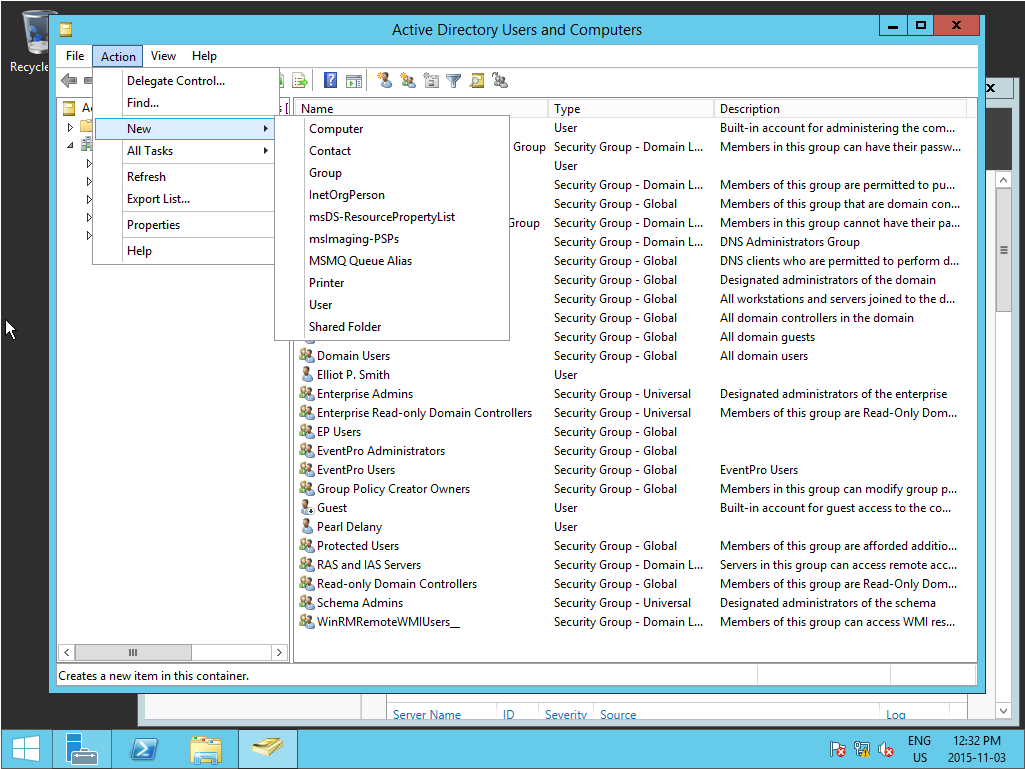 Screenshot of starting new Active Directory User group in Server Manager for EventPro Windows Authentication