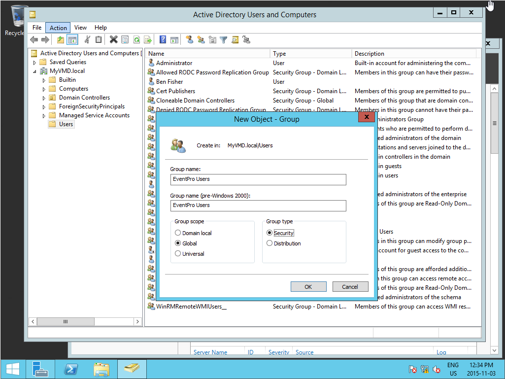 Screenshot of new EventPro Users Group in Server Manager for EventPro Windows Authentication