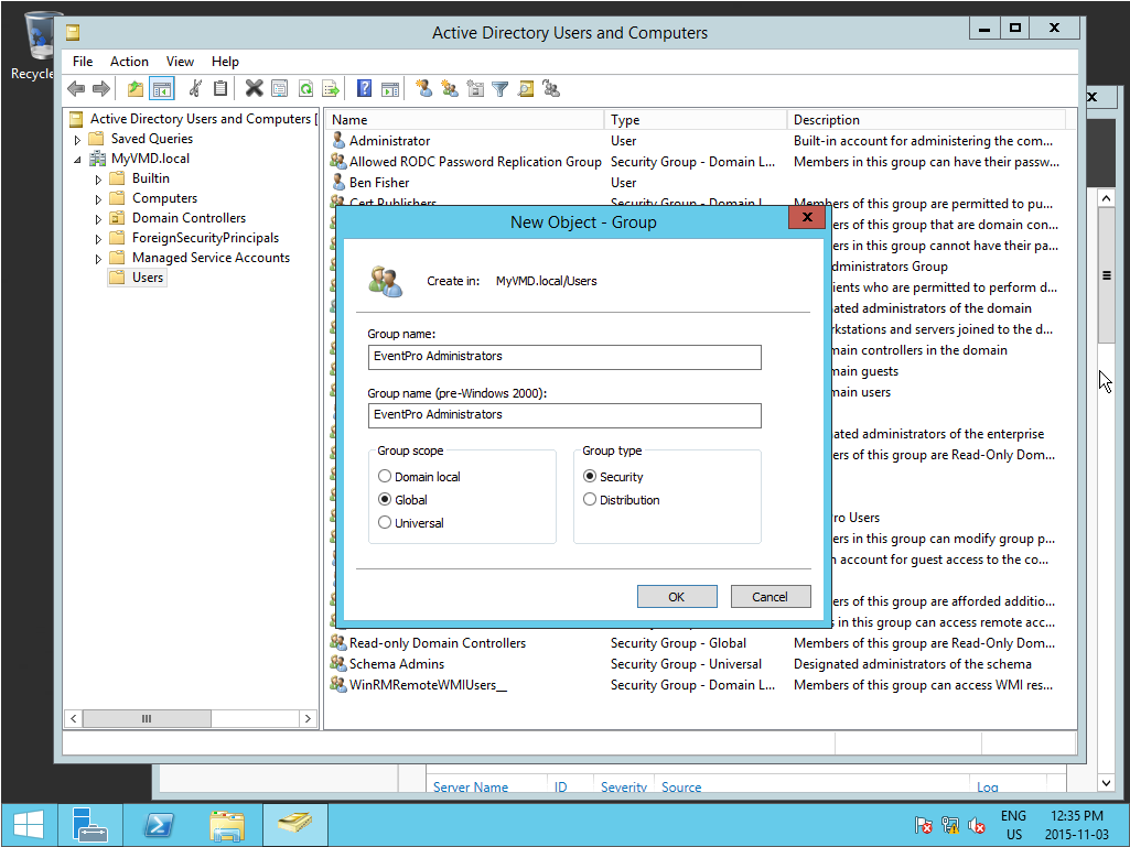 Screenshot of new EventPro Administrators group in Server Manager for EventPro Windows Authentication