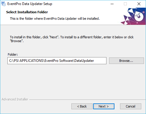 Screenshot of EventPro Data Updater setup wizard Select Installation Folder