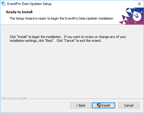 Screenshot of EventPro Data Updater setup wizard ready to install
