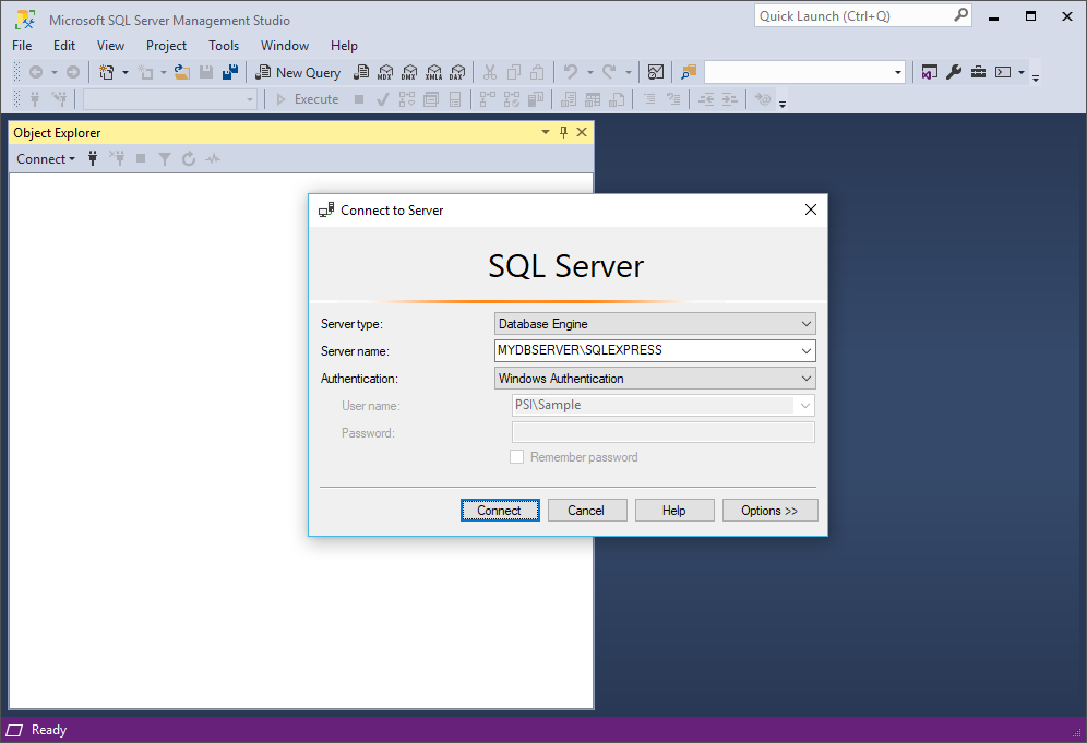 Connect to Server in SQL Server Management Studio for EventPro SQL Authentication