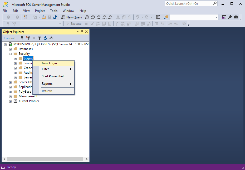 Screenshot of New Login in SQL Server Management Studio for EventPro Software