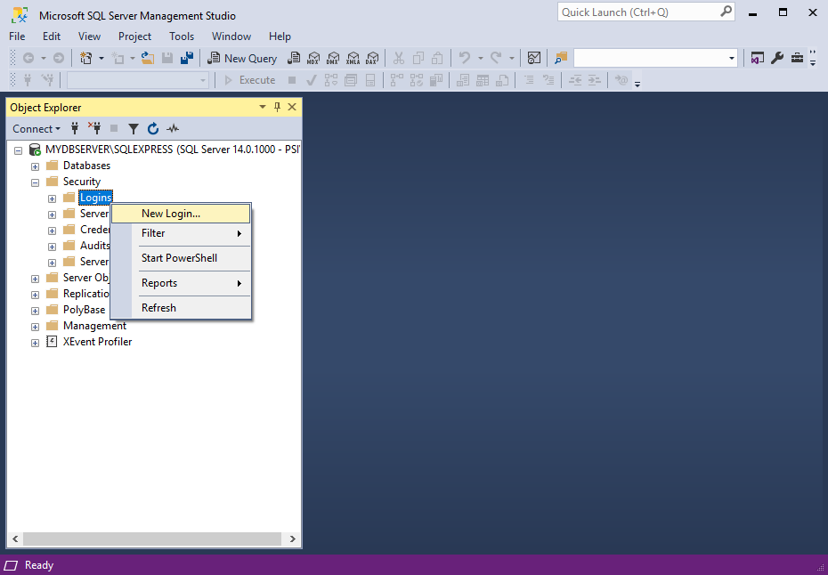 Start New Login in SQL Server Management Studio for EventPro SQL Authentication