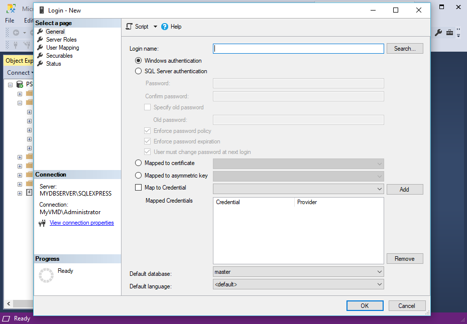 Screenshot of new Windows Authentication Login in SQL Server Management Studio for EventPro Software