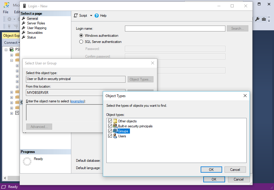 Screenshot of New Login Object Type in SQL Server Management Studio for EventPro Software